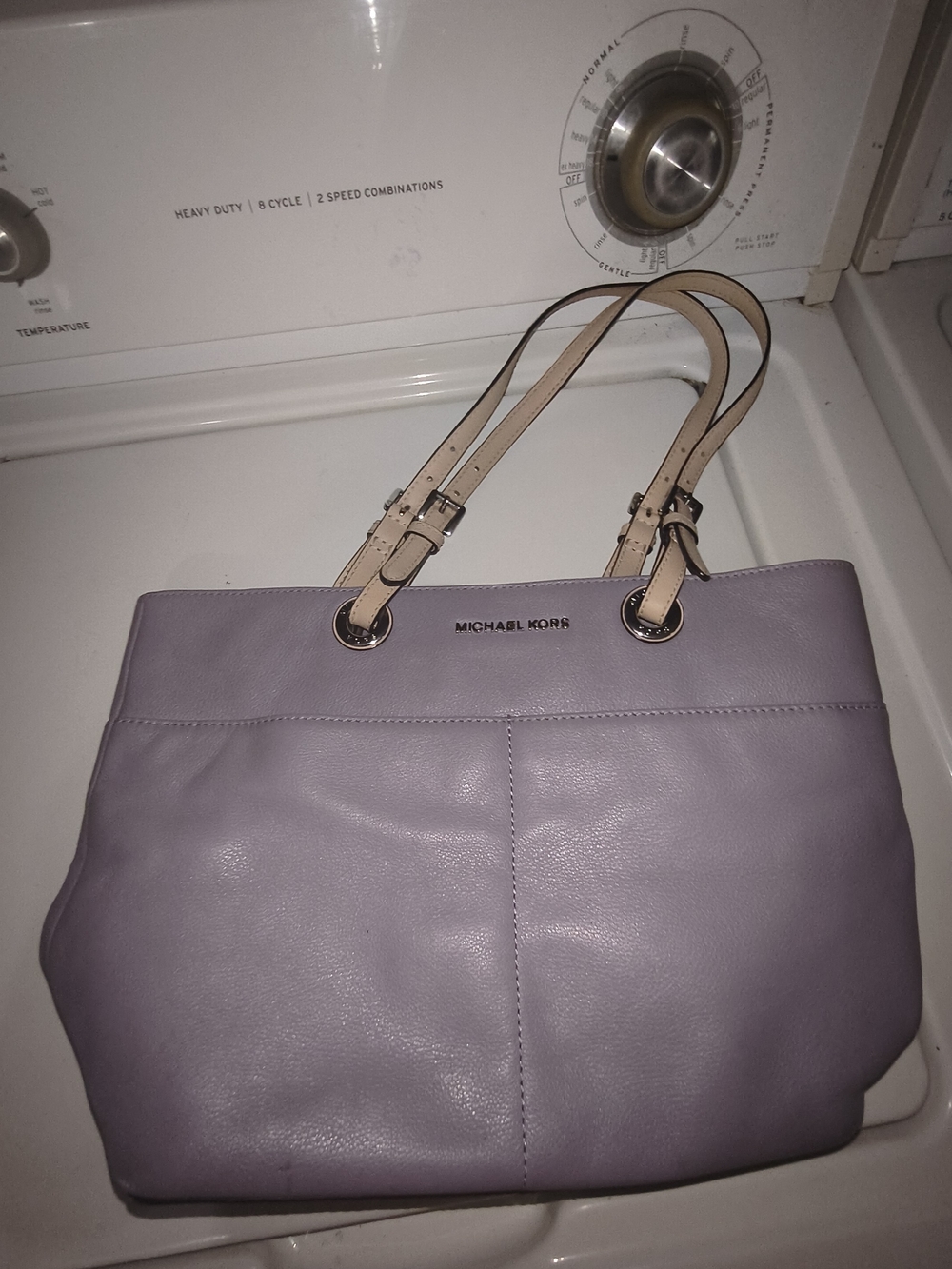 Michael Kors Grey Leather Tote with Beige Straps and Silver Hardware